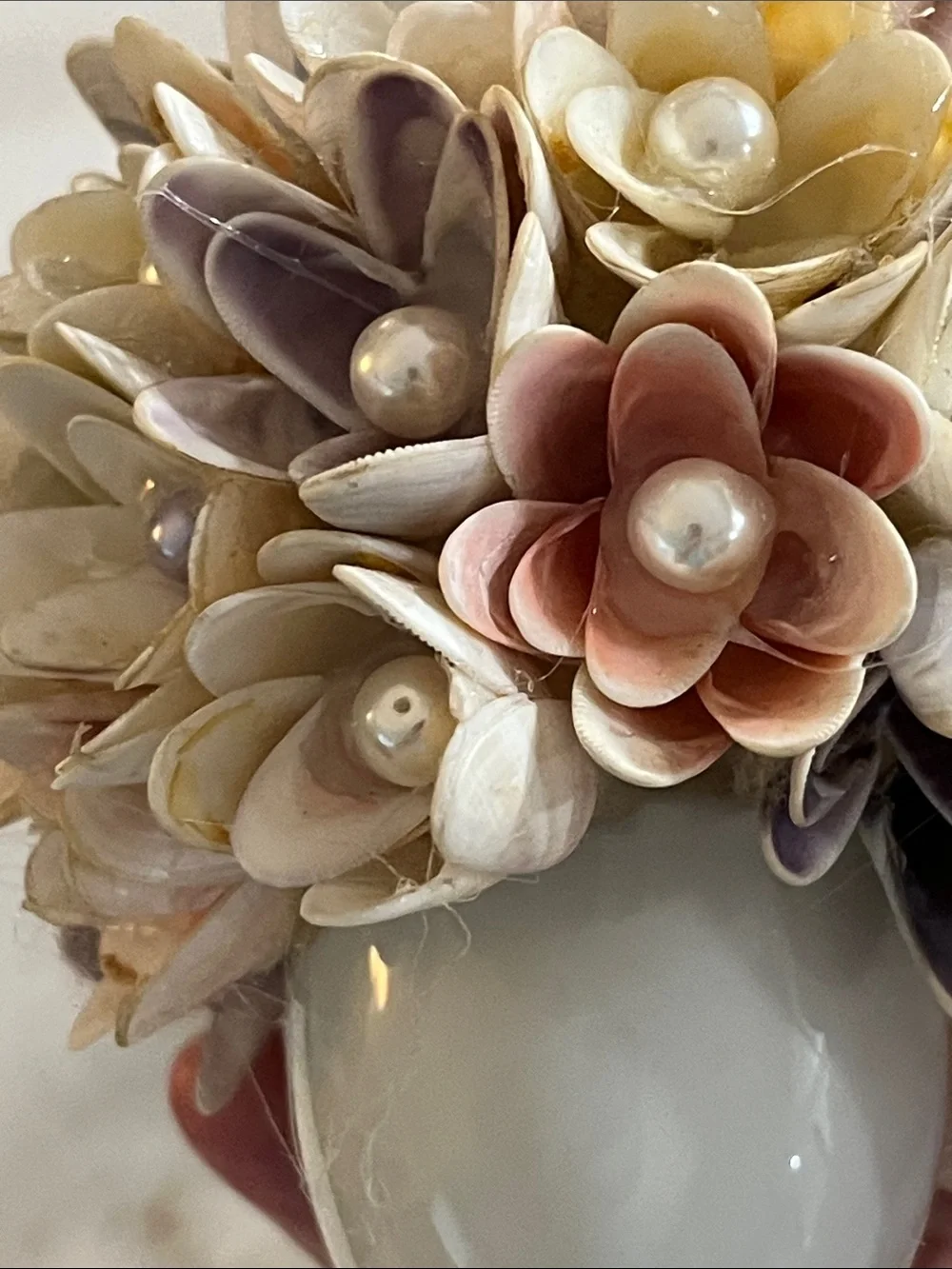 Handcrafted Shell Flower Topiary in Cream, Purple & Pink Faux Pearls